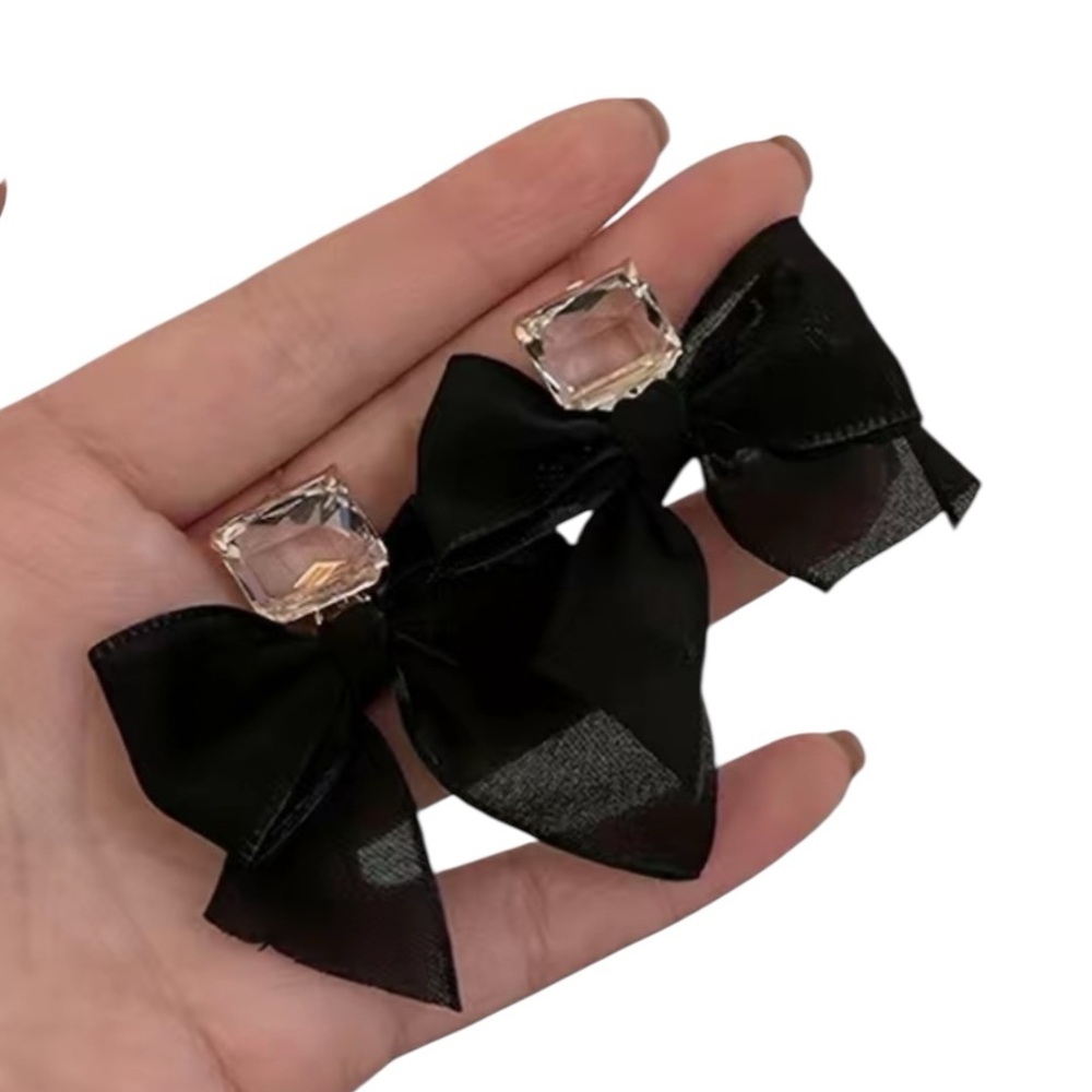 Black Bow Drop Earrings Clear Crystal Stud Statement Coquette NWT